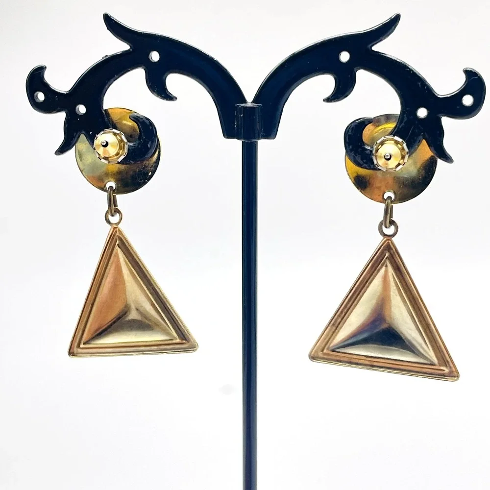 Vintage Pierced Dangle Earrings Green Triangle Bead Gold Tone Geometric Drop
